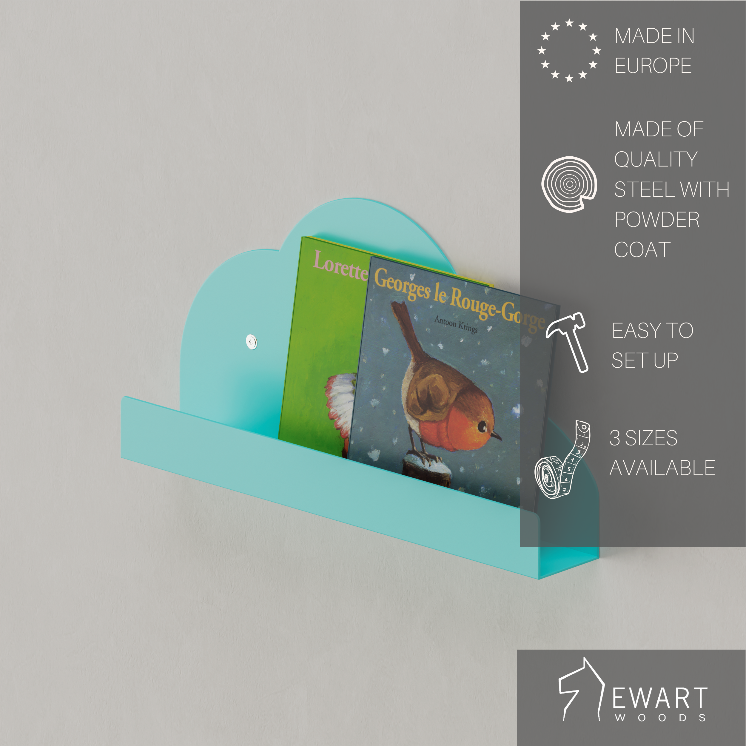 Childrens wall mounted metal cloud bookshelf in turquoise color with manufacturer details